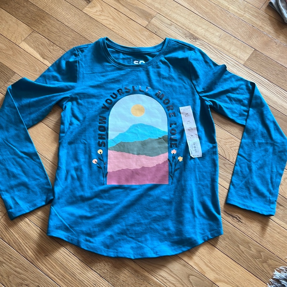 SO girls size S(7) tee, teal long sleeves with “show yourself more love”